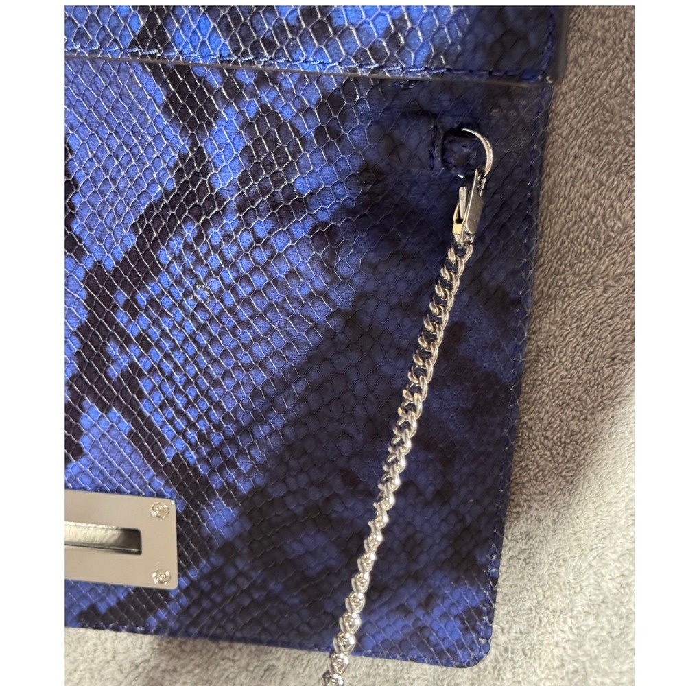 Michael Kors Ellie MD Shoulder Flap Clutch Bag Blue Snake Print Embossed Leather - Picture 12 of 13